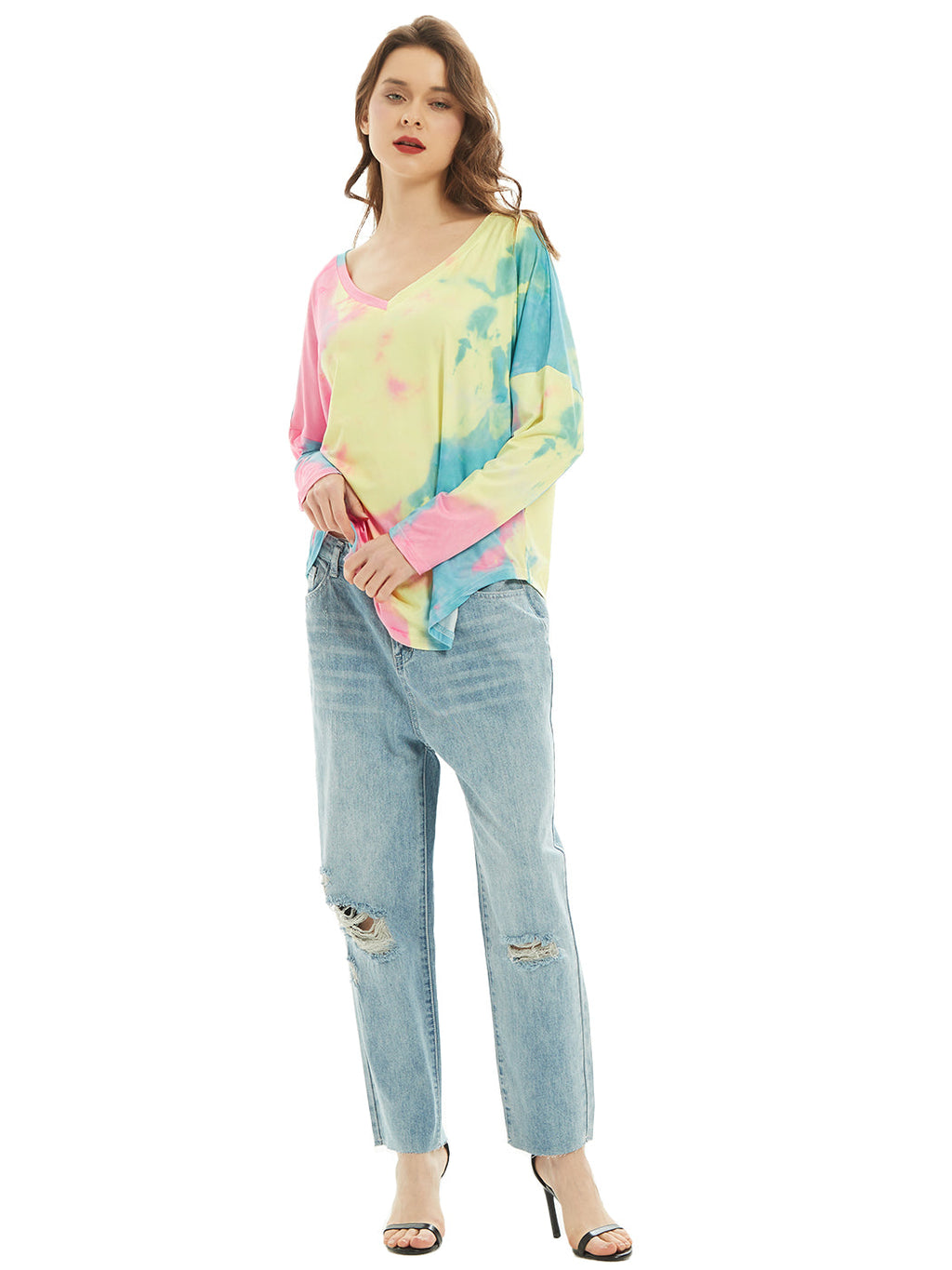 Camiseta de manga larga con cuello en V, camiseta básica informal, tops con efecto tie dye