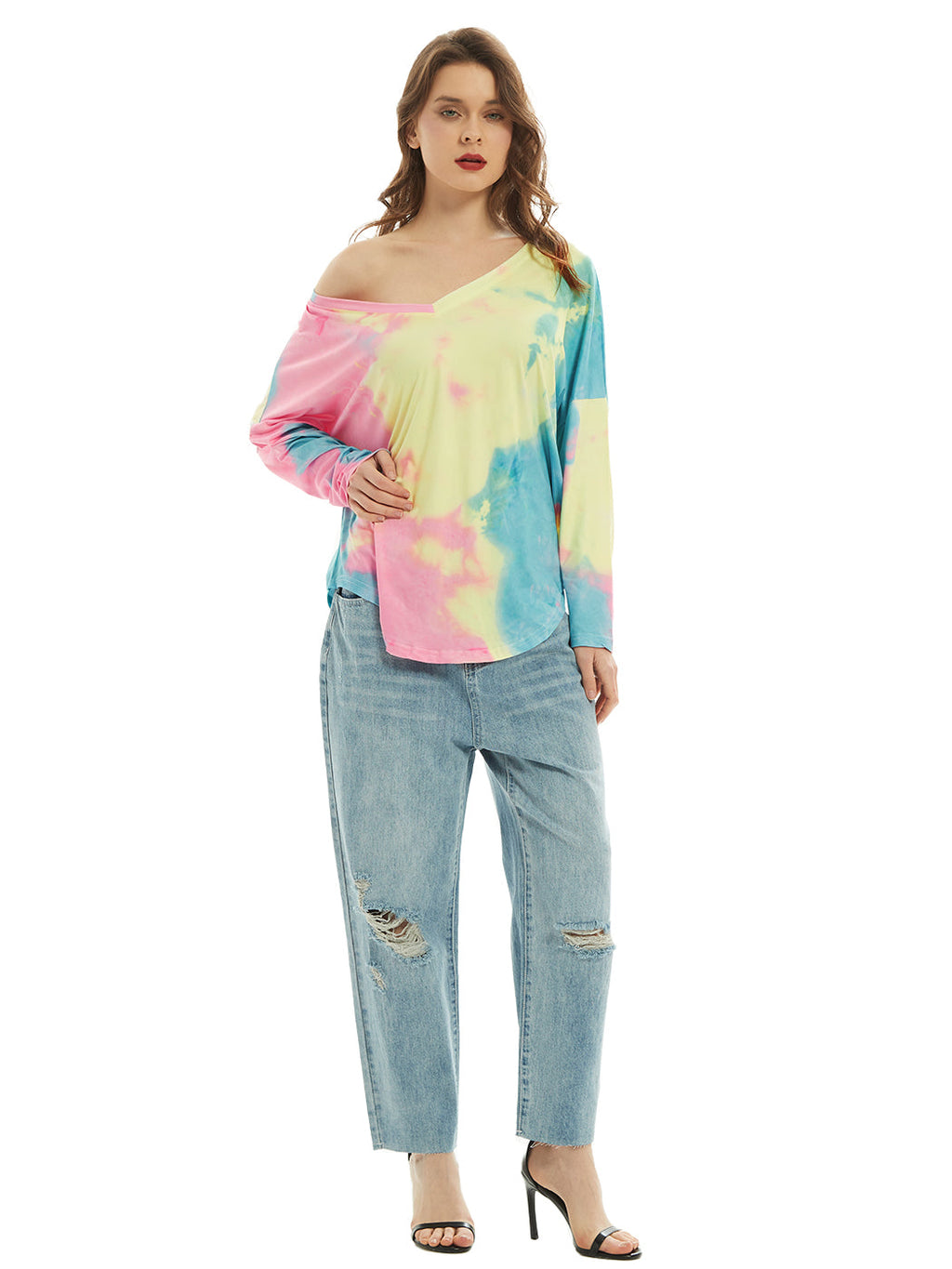 Camiseta de manga larga con cuello en V, camiseta básica informal, tops con efecto tie dye