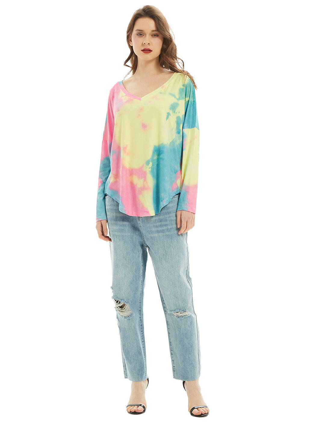 Camiseta de manga larga con cuello en V, camiseta básica informal, tops con efecto tie dye
