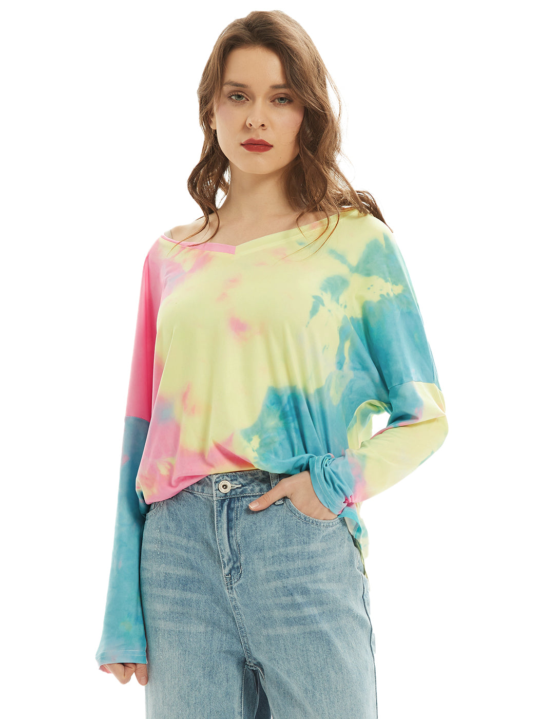 Camiseta de manga larga con cuello en V, camiseta básica informal, tops con efecto tie dye