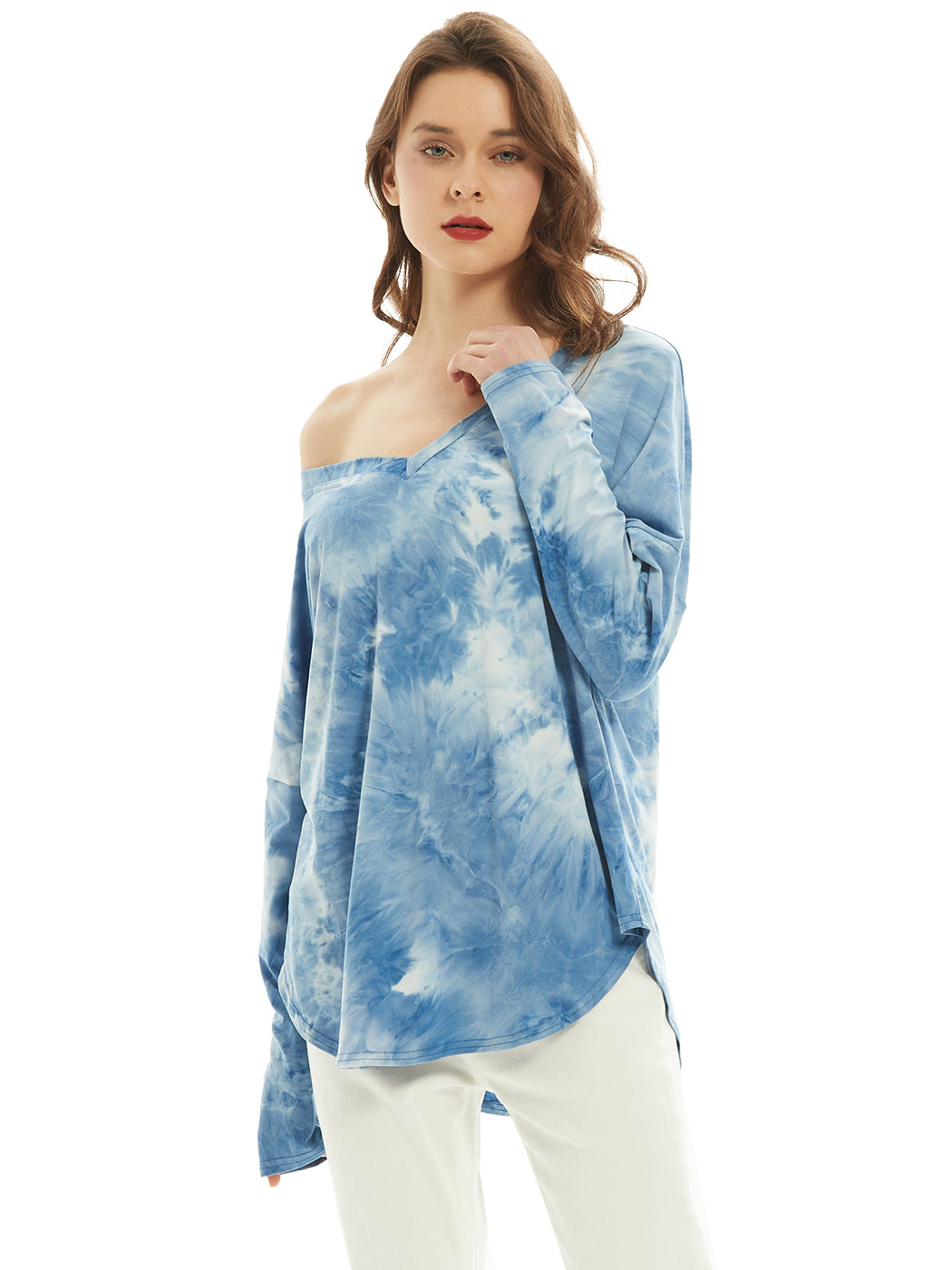 Camiseta de manga larga con cuello en V, camiseta básica informal, tops con efecto tie dye