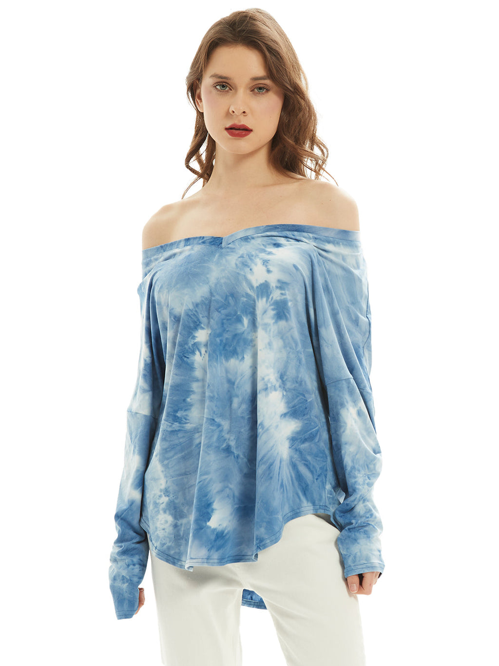 Camiseta de manga larga con cuello en V, camiseta básica informal, tops con efecto tie dye