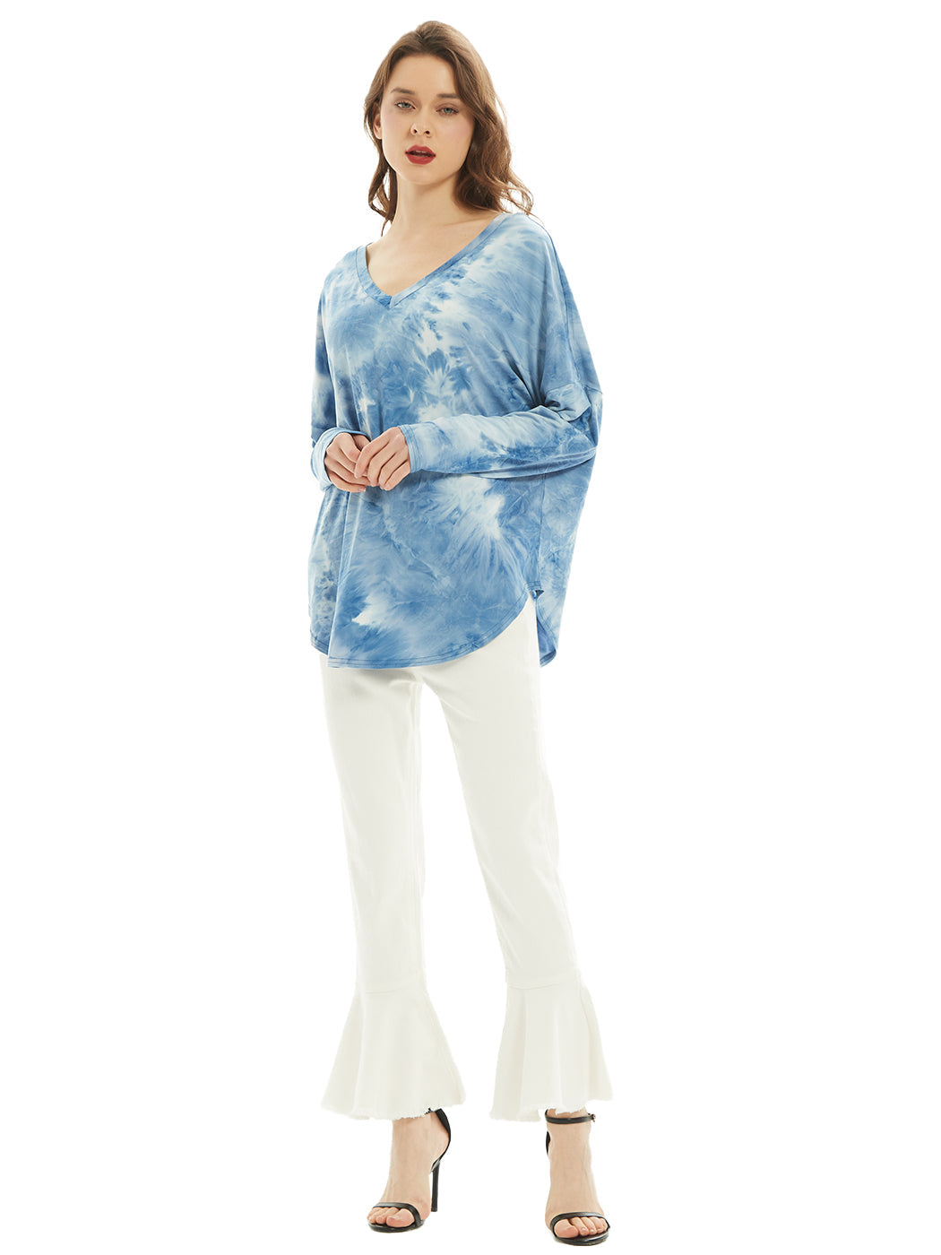 Camiseta de manga larga con cuello en V, camiseta básica informal, tops con efecto tie dye