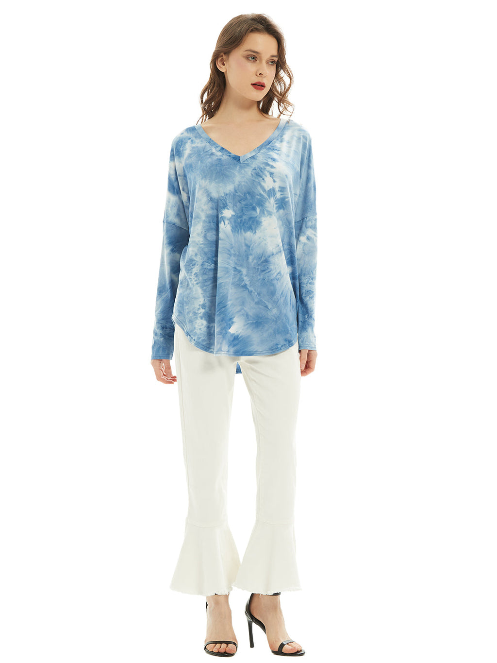 Camiseta de manga larga con cuello en V, camiseta básica informal, tops con efecto tie dye