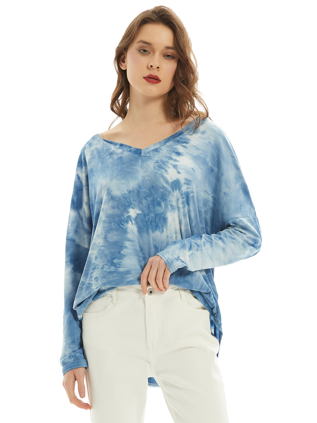 Camiseta de manga larga con cuello en V, camiseta básica informal, tops con efecto tie dye