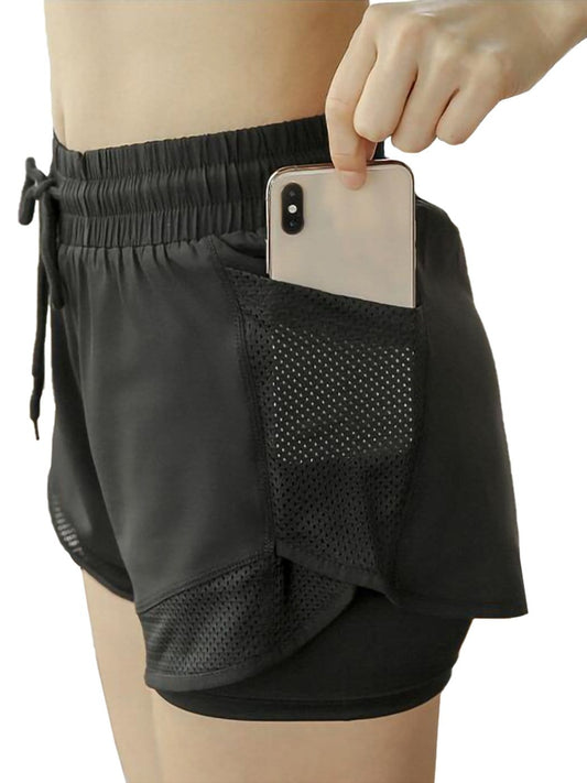 Pantalones cortos para correr, de secado rápido, 2 en 1, para entrenamiento, con bolsillos