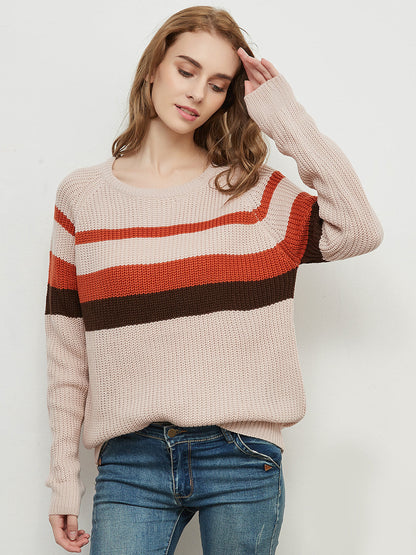 Long Sleeve Color Block Striped Casual Pullover Sweater