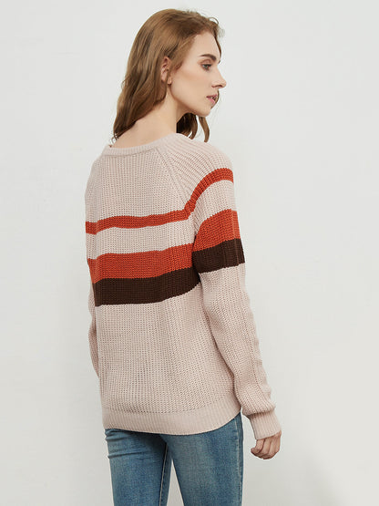 Long Sleeve Color Block Striped Casual Pullover Sweater