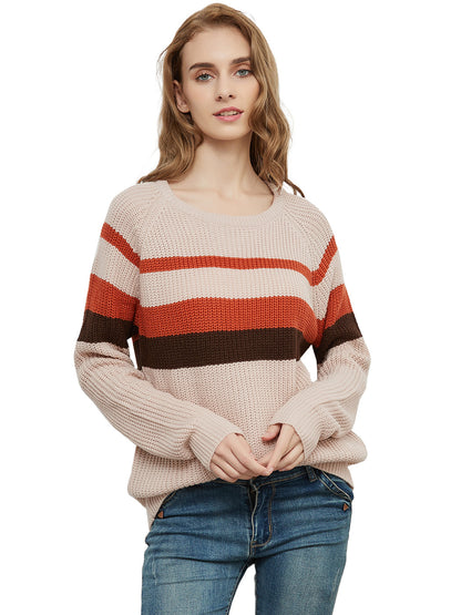 Long Sleeve Color Block Striped Casual Pullover Sweater