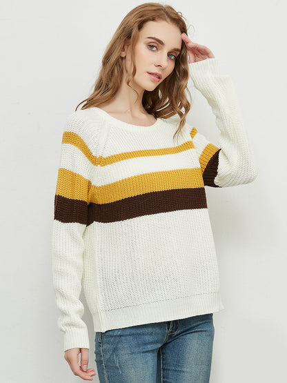 Long Sleeve Color Block Striped Casual Pullover Sweater
