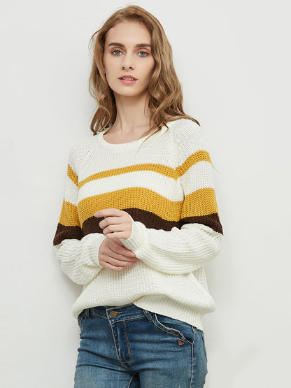 Long Sleeve Color Block Striped Casual Pullover Sweater