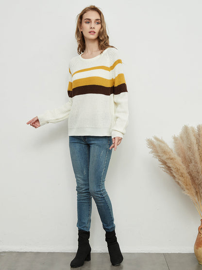 Long Sleeve Color Block Striped Casual Pullover Sweater