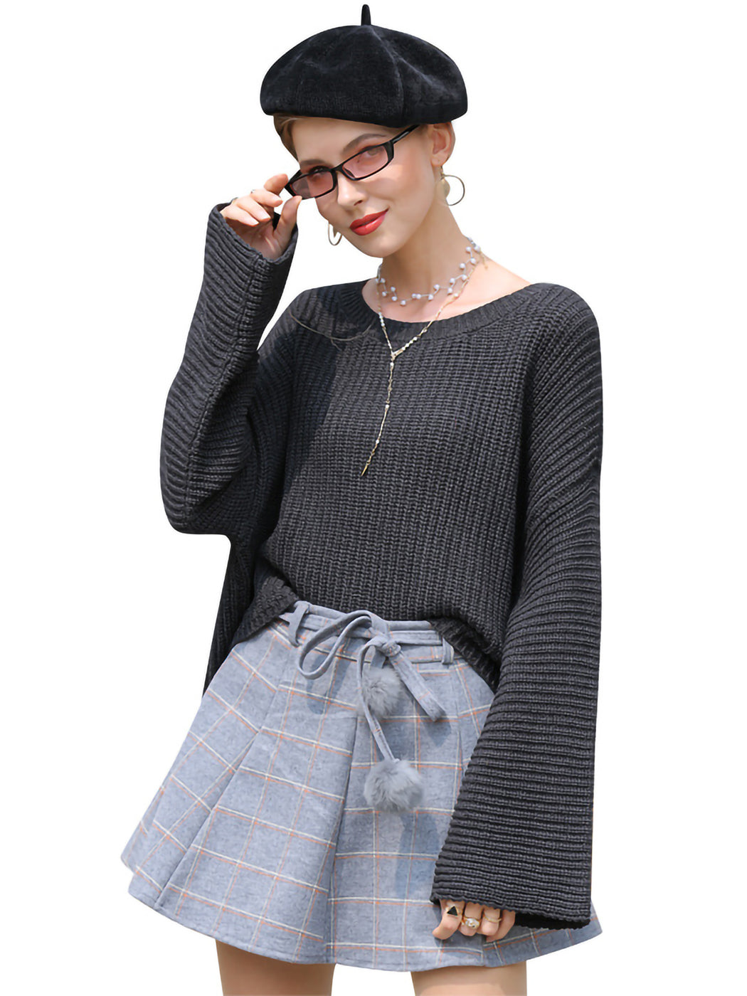 Suéter de punto con cuello redondo y manga larga tipo farol para mujer, color liso