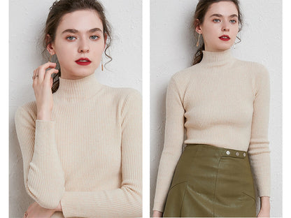 Knit Mock Turtle Neck Wool Stretch Long Sleeve Pullover Sweater