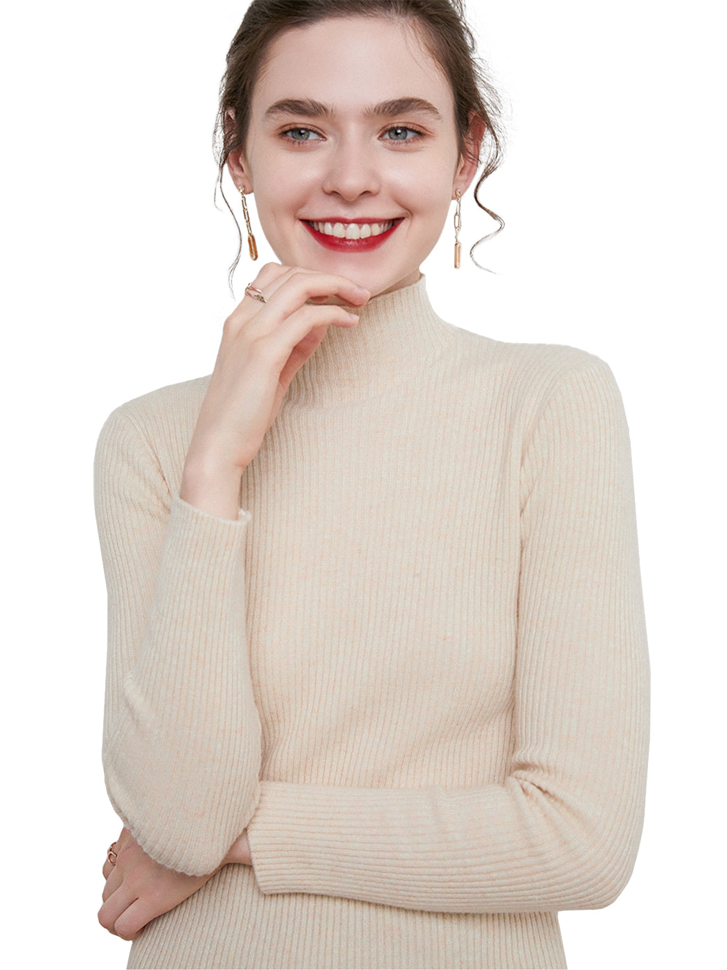 Knit Mock Turtle Neck Wool Stretch Long Sleeve Pullover Sweater