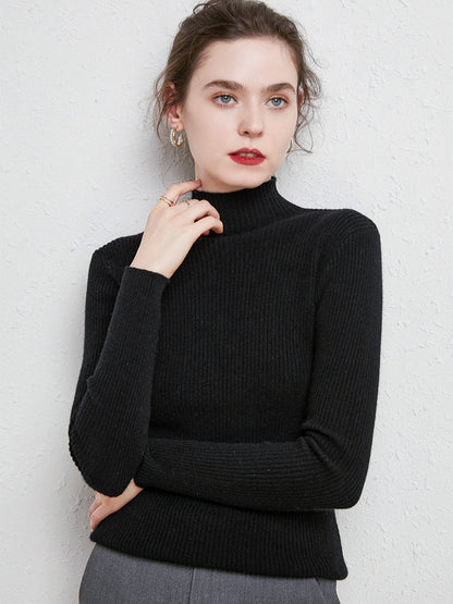 Knit Mock Turtle Neck Wool Stretch Long Sleeve Pullover Sweater