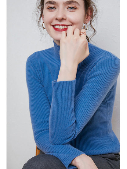 Knit Mock Turtle Neck Wool Stretch Long Sleeve Pullover Sweater