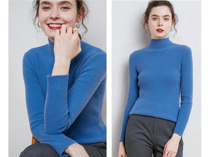 Knit Mock Turtle Neck Wool Stretch Long Sleeve Pullover Sweater