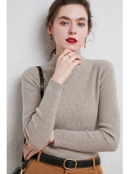 Knit Mock Turtle Neck Wool Stretch Long Sleeve Pullover Sweater