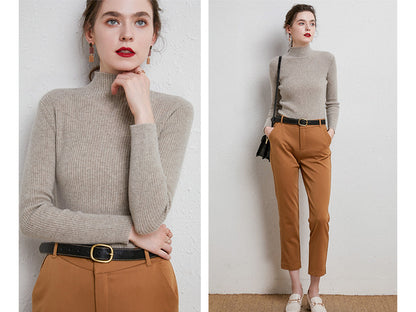 Knit Mock Turtle Neck Wool Stretch Long Sleeve Pullover Sweater