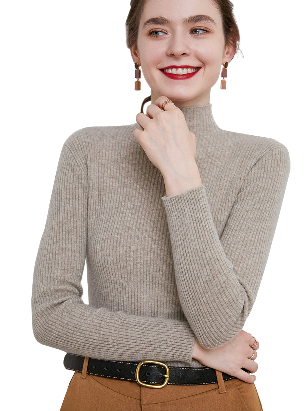 Knit Mock Turtle Neck Wool Stretch Long Sleeve Pullover Sweater