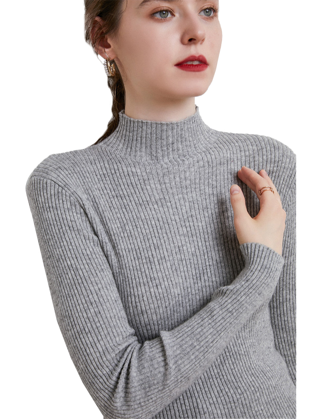 Knit Mock Turtle Neck Wool Stretch Long Sleeve Pullover Sweater