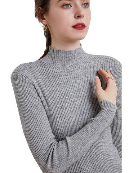 Knit Mock Turtle Neck Wool Stretch Long Sleeve Pullover Sweater
