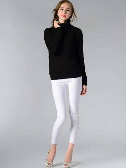 Cable Knit Turtle Neck Stretch Long Sleeve Pullover Sweater