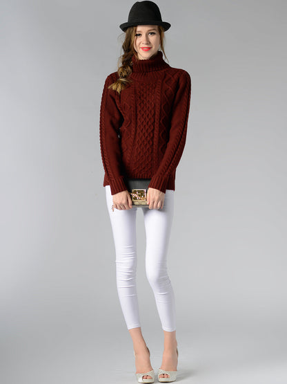 Cable Knit Turtle Neck Stretch Long Sleeve Pullover Sweater