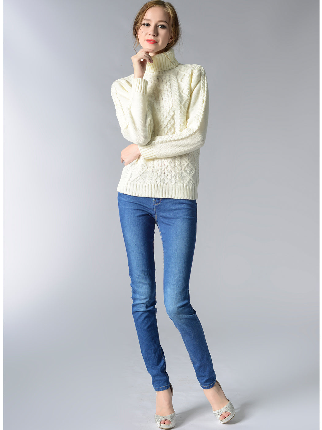 Cable Knit Turtle Neck Stretch Long Sleeve Pullover Sweater