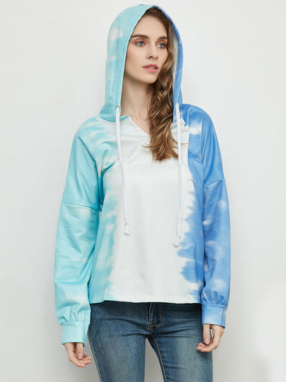 Sudadera holgada con estampado tie dye, cuello en V, manga larga, sudadera con capucha