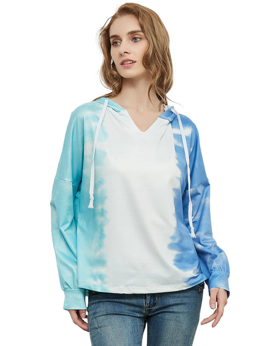 Sudadera holgada con estampado tie dye, cuello en V, manga larga, sudadera con capucha