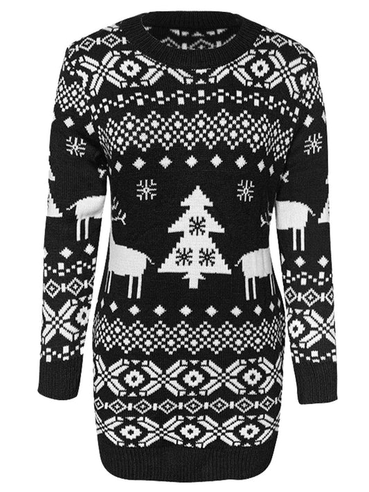 Christmas Sweater Long Sleeve Reindeer Tree Snowflakes Patterns Knit Sweater Dress