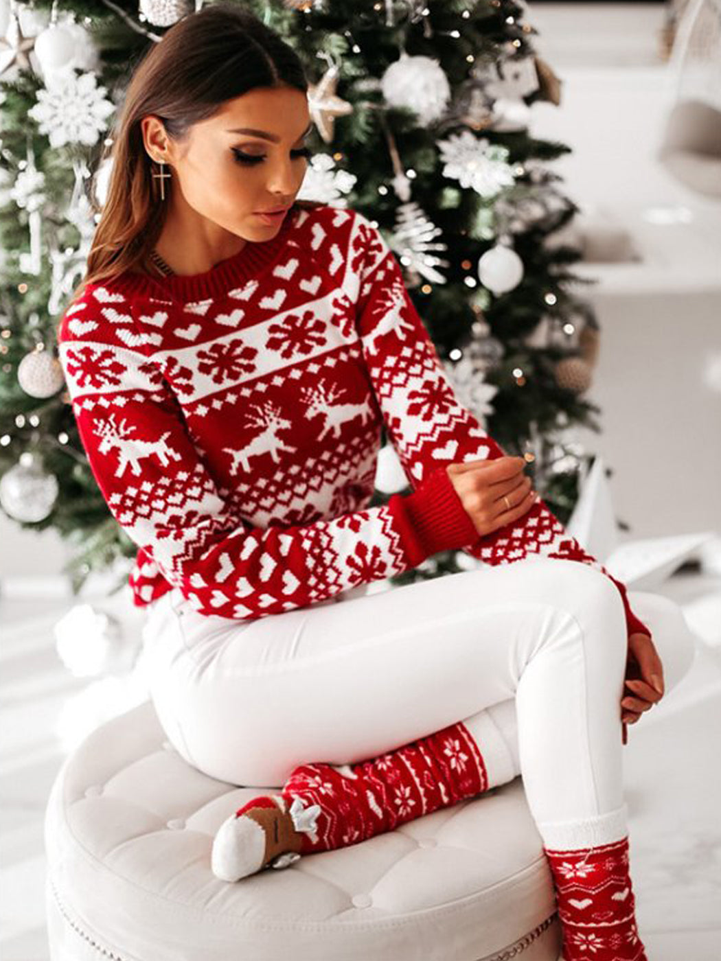 Suéter navideño de manga larga con estampado de copos de nieve y renos