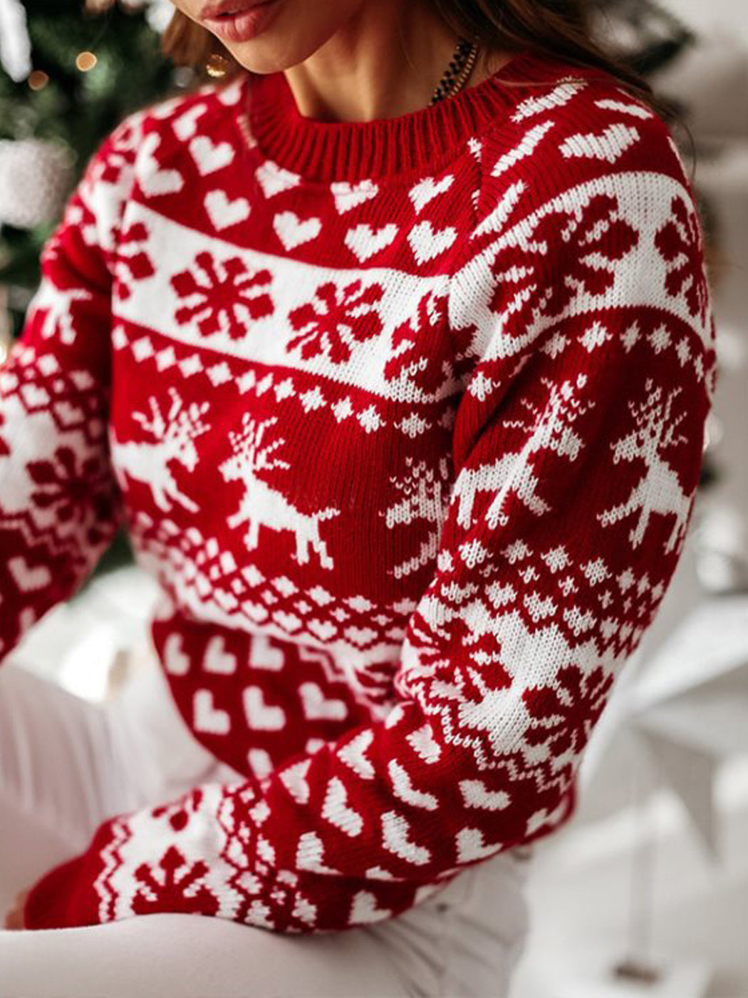 Suéter navideño de manga larga con estampado de copos de nieve y renos