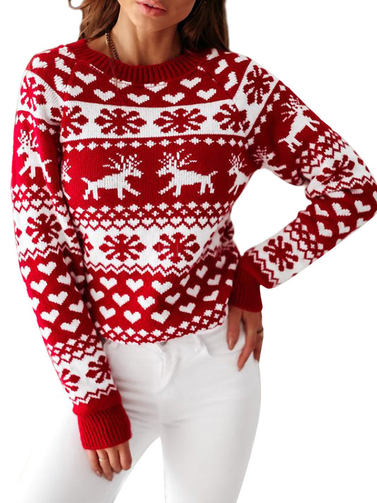 Christmas Sweater Long Sleeve Reindeer Snowflakes Patterns Pullover Tops