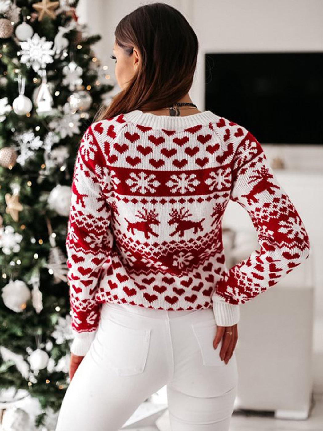 Suéter navideño de manga larga con estampado de copos de nieve y renos