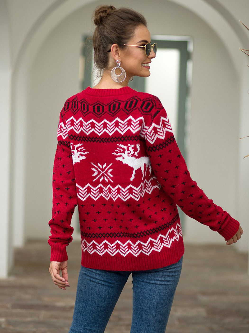 Christmas Sweater Long Sleeve Reindeer Snowflakes Patterns Knit Pullover Tops