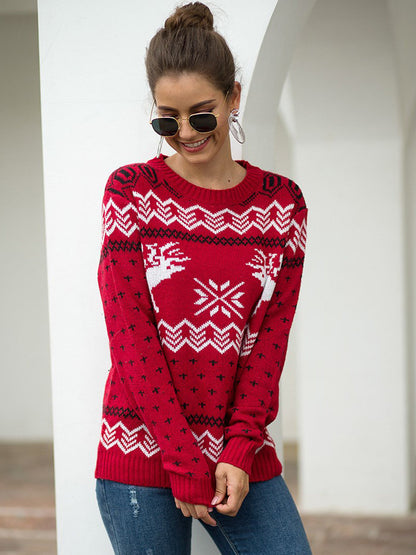 Christmas Sweater Long Sleeve Reindeer Snowflakes Patterns Knit Pullover Tops