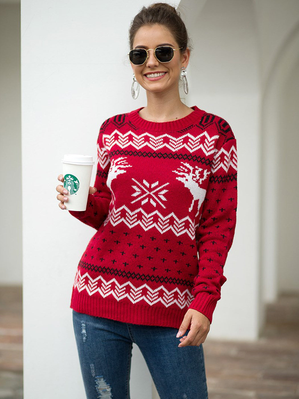 Christmas Sweater Long Sleeve Reindeer Snowflakes Patterns Knit Pullover Tops