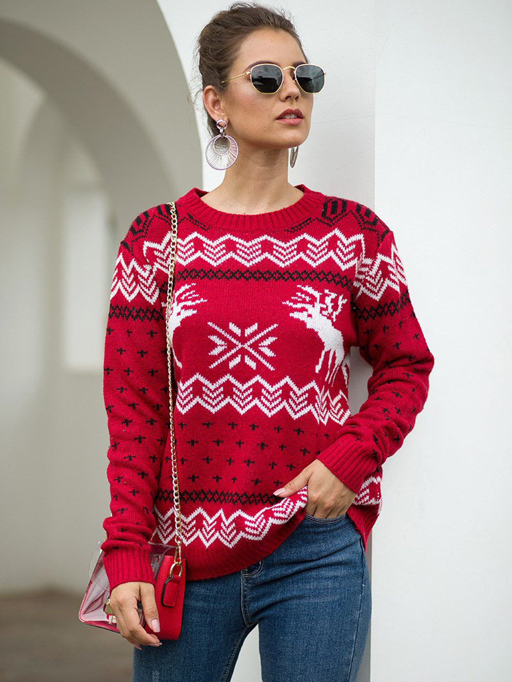 Christmas Sweater Long Sleeve Reindeer Snowflakes Patterns Knit Pullover Tops