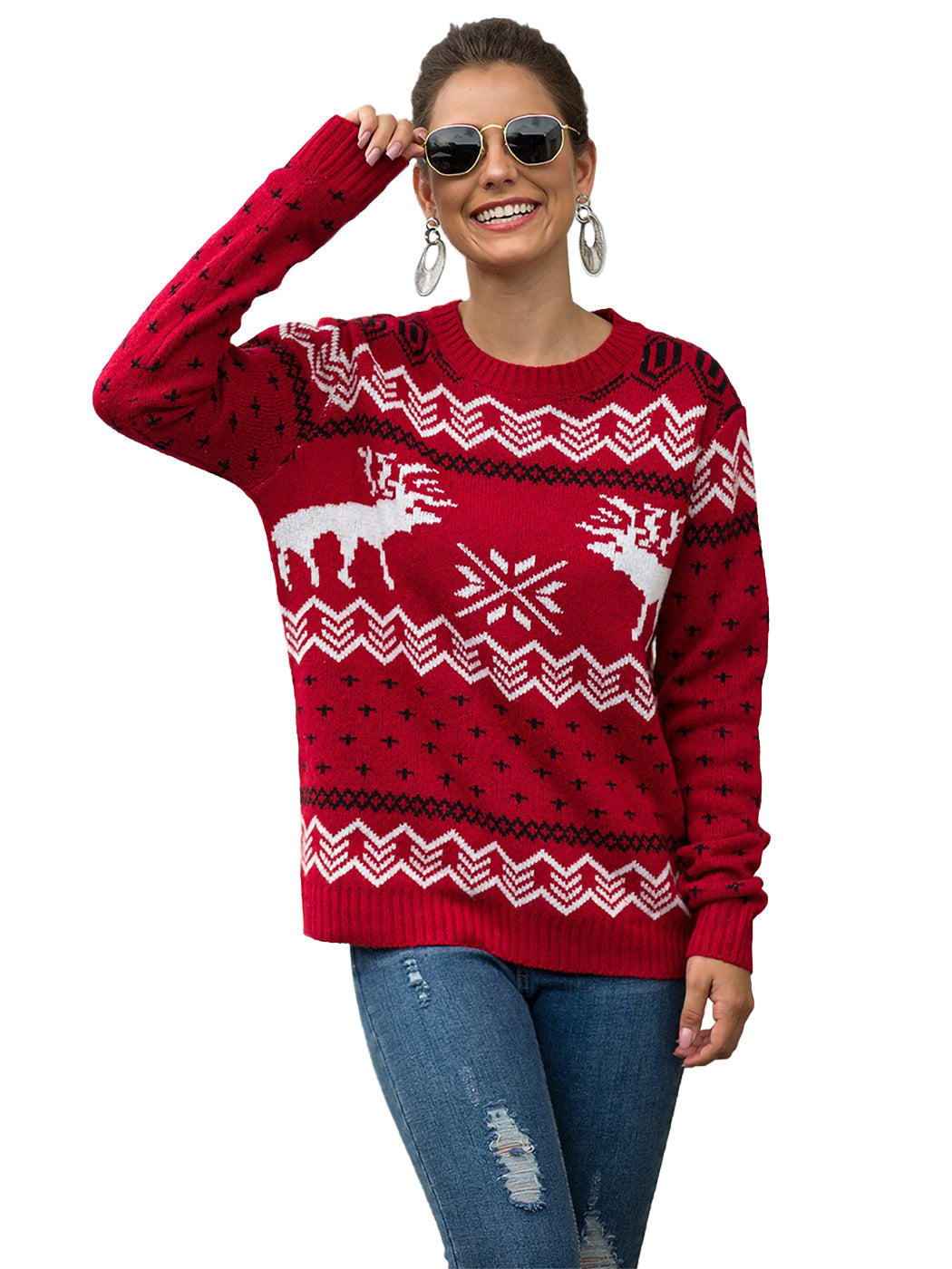 Christmas Sweater Long Sleeve Reindeer Snowflakes Patterns Knit Pullover Tops