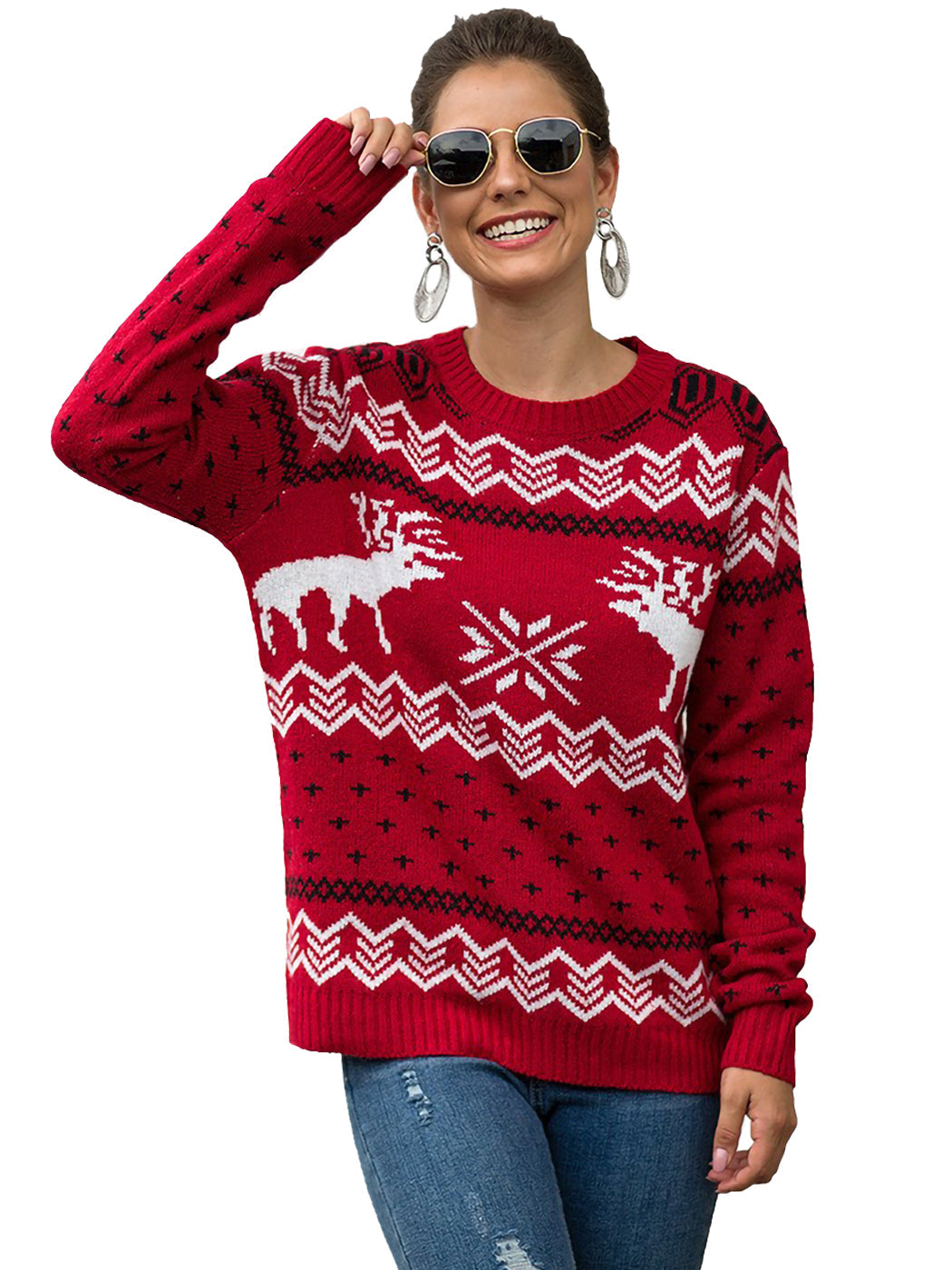 Christmas Sweater Long Sleeve Reindeer Snowflakes Patterns Knit Pullover Tops