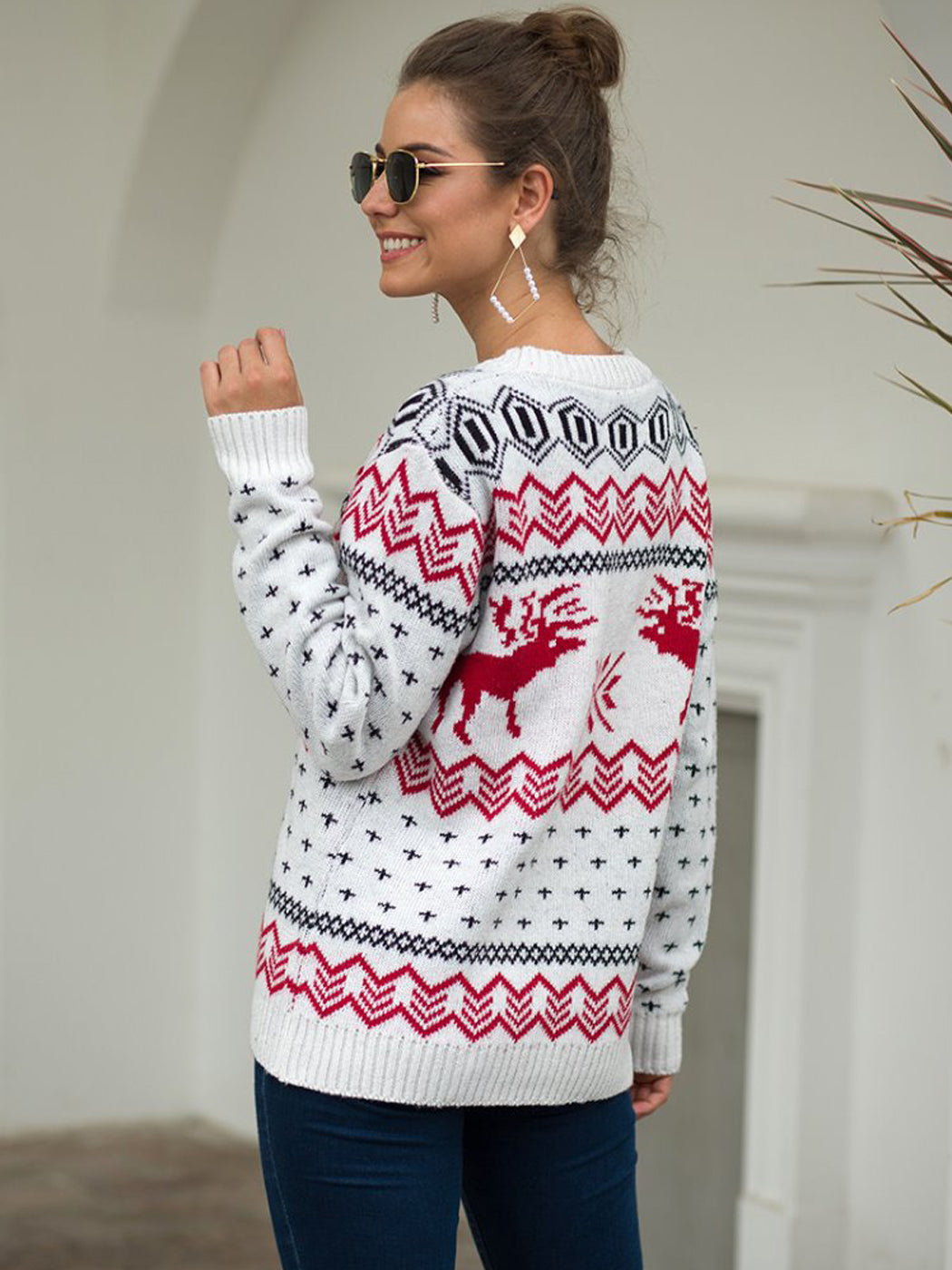 Christmas Sweater Long Sleeve Reindeer Snowflakes Patterns Knit Pullover Tops