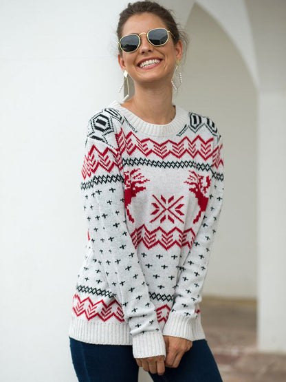 Christmas Sweater Long Sleeve Reindeer Snowflakes Patterns Knit Pullover Tops