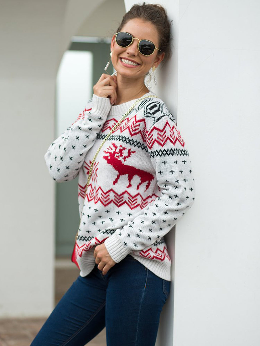 Christmas Sweater Long Sleeve Reindeer Snowflakes Patterns Knit Pullover Tops