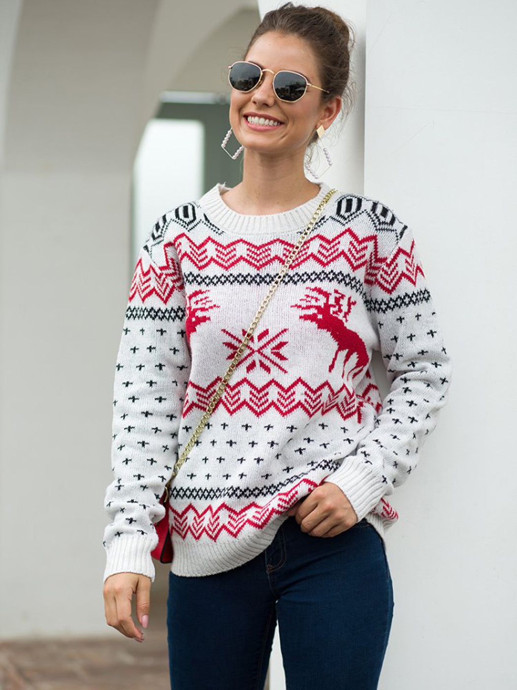 Christmas Sweater Long Sleeve Reindeer Snowflakes Patterns Knit Pullover Tops