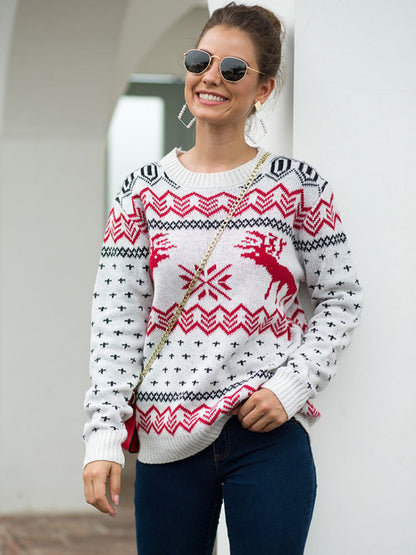 Christmas Sweater Long Sleeve Reindeer Snowflakes Patterns Knit Pullover Tops