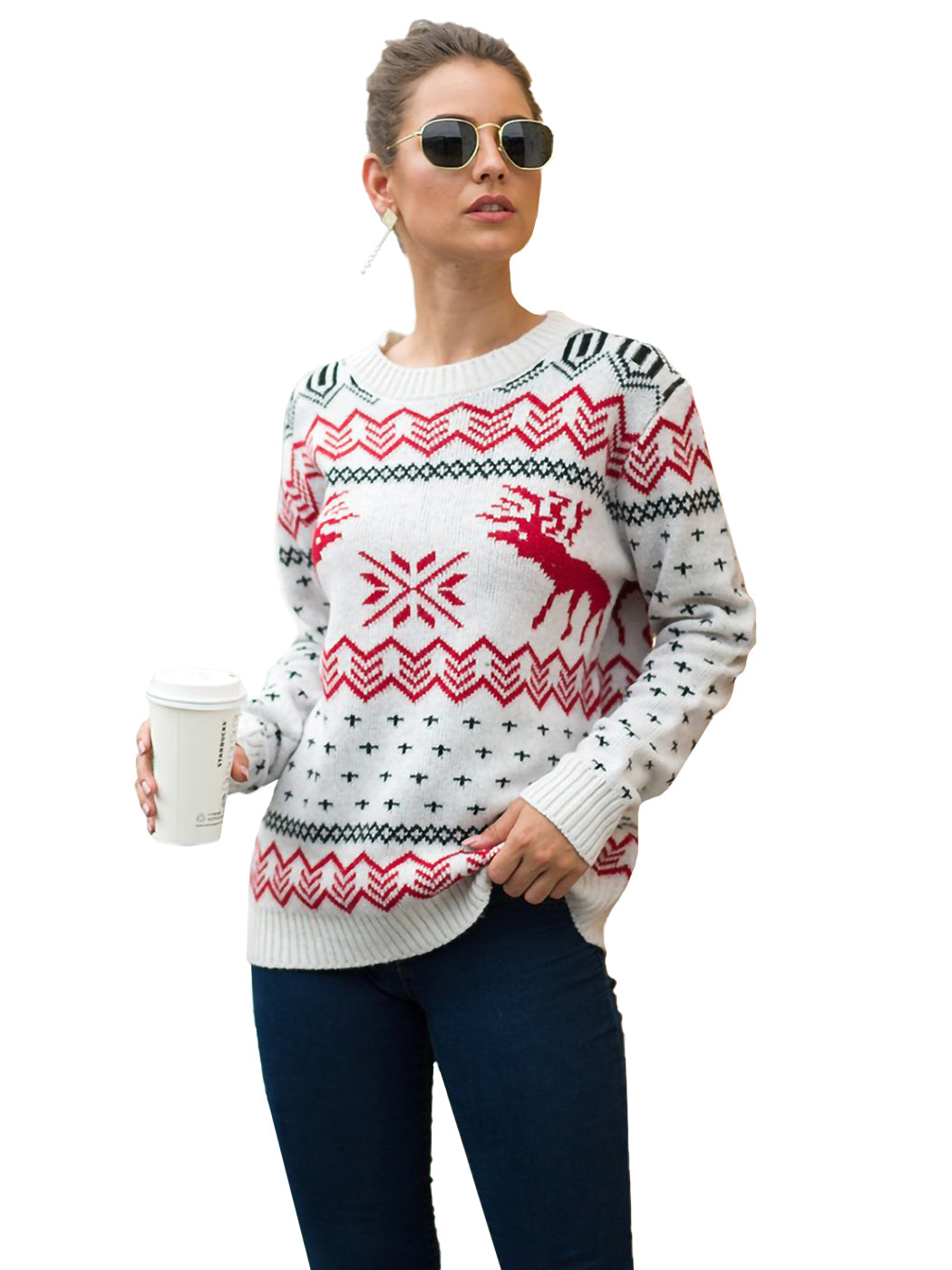 Christmas Sweater Long Sleeve Reindeer Snowflakes Patterns Knit Pullover Tops