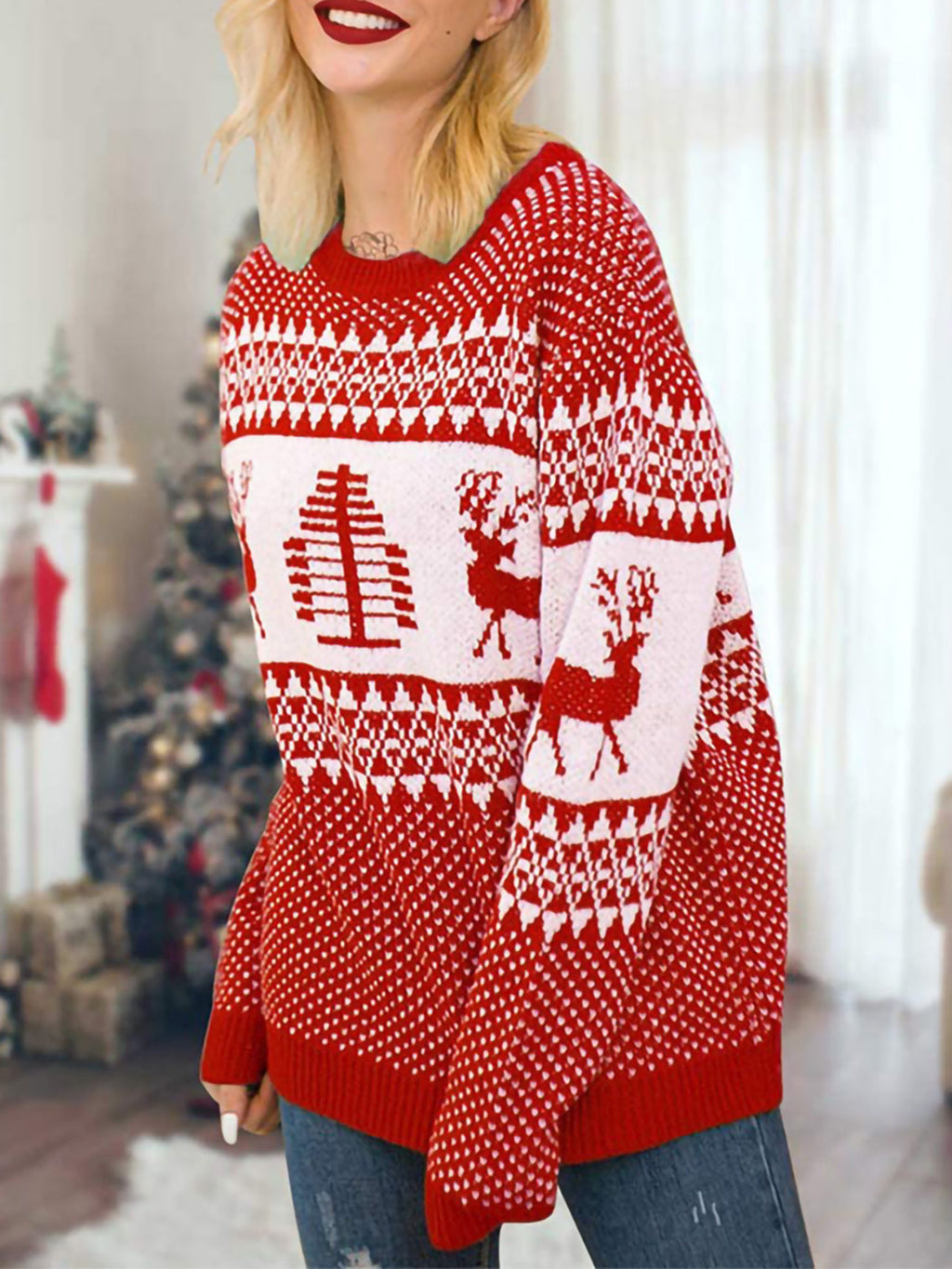 Women Stylish Christmas Pullover Sweater Cute Snowflake Reindeer Pullover